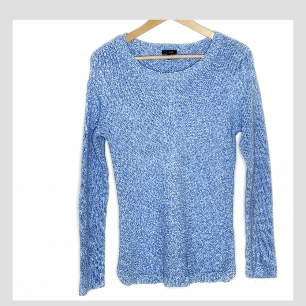 Talbots Shaker Stitch Sweater Pima Cotton Marled Blue Crew Neck Size Small